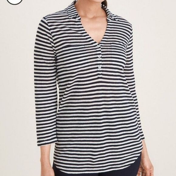 Chico's Striped Linen Pocket Top Navy White Stripe Size 3 Petite - Picture 1 of 10